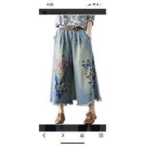 3 & D Fashion Denim Wide leg Jeans stretchy Waist Butterflies Parrots Flowers Lg